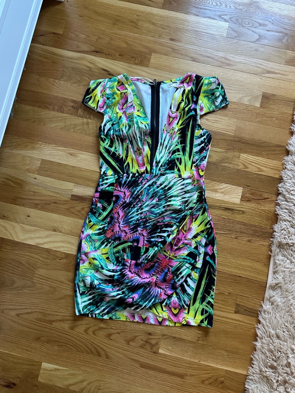 LF Neon Tropical Print Mini Dress - Pink, Green, Yellow, Black
